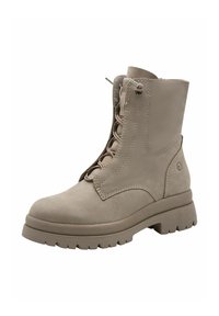 Beige læder ankelsko med rund tå, snørebånd foran, lynlås lukning og struktureret gummisål. Har syning detaljer.