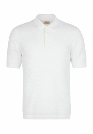 Weißes Poloshirt mit kurzen Ärmeln, strukturiertem Muster, dreiknöpfiger Knopfleiste und weichem Kragen.