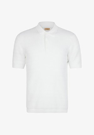 Weißes Poloshirt mit kurzen Ärmeln, strukturiertem Muster, dreiknöpfiger Knopfleiste und weichem Kragen.