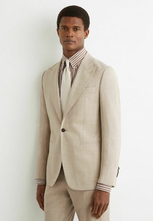 Mand iført en beige jakkesæt med en brun- og hvidstribet skjorte og et lyst, stribet slips, stående op ad en hvid væg.