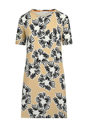 Kurzärmeliges, knielanges Kleid aus hellgelbem Stoff mit einem auffälligen, schwarz umrandeten Blumenmuster. Runder Ausschnitt mit einem orangen Akzent.