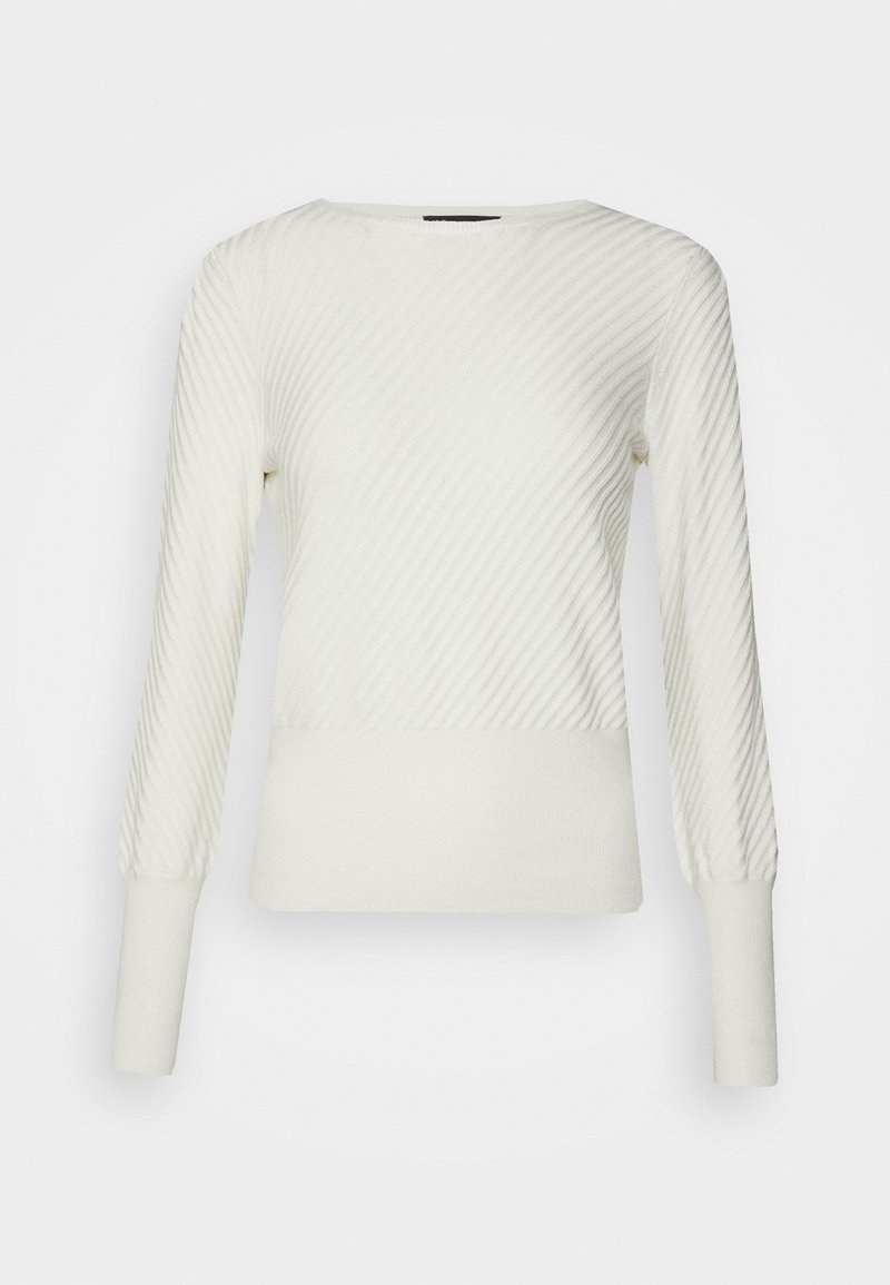 Pull en maille blanc à manches longues avec motif texturé diagonal, poignets et ourlet côtelés, doté d'un col rond.
