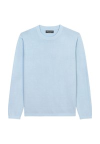 Maglione azzurro chiaro a maniche lunghe con collo rotondo realizzato in tessuto morbido, dotato di polsini e orlo a costine, con una texture liscia e dettagli di design minimi.