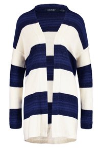 Randig trikåcardigan med växelvis marinblå och krämfärgade ränder, med öppen framsida och långa ärmar.