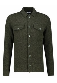 Grüne Wollmischung Hemdjacke mit langen Ärmeln, Knopfverschluss vorne, zwei Brusttaschen und kontrastierenden Knöpfen, mit einer strukturierten Oberfläche.