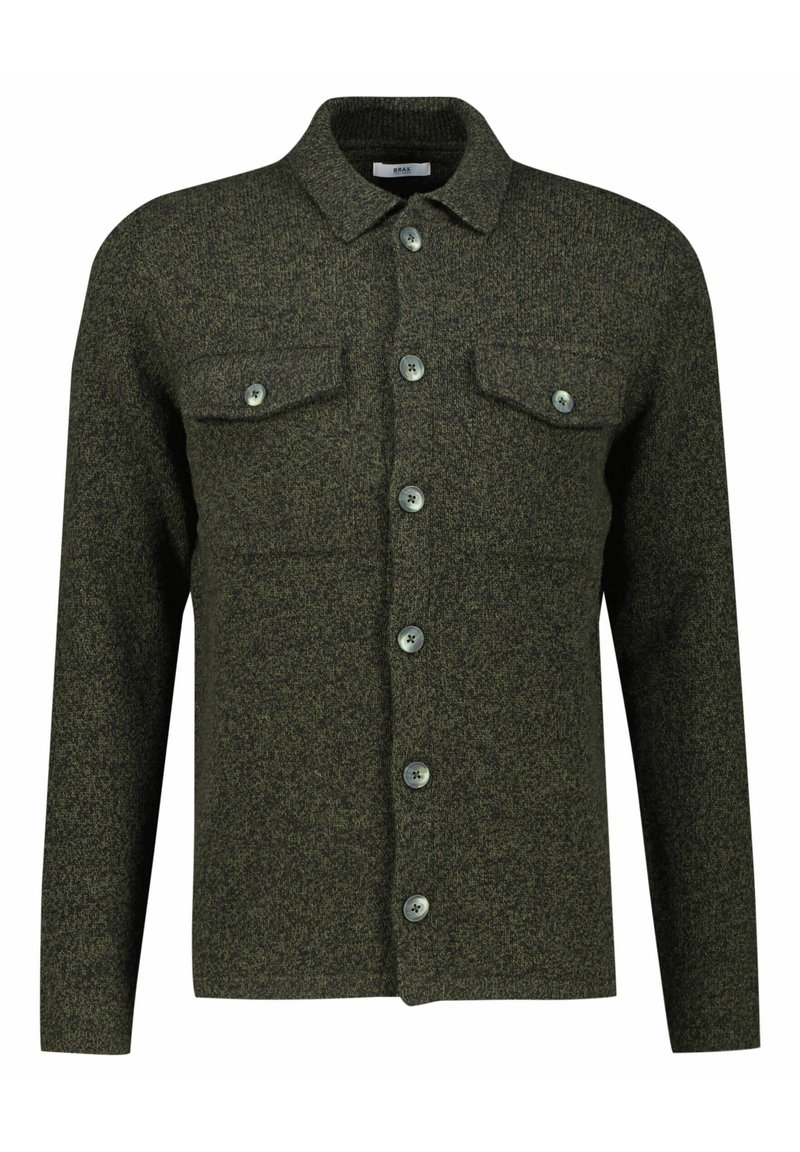 Grüne Wollmischung Hemdjacke mit langen Ärmeln, Knopfverschluss vorne, zwei Brusttaschen und kontrastierenden Knöpfen, mit einer strukturierten Oberfläche.