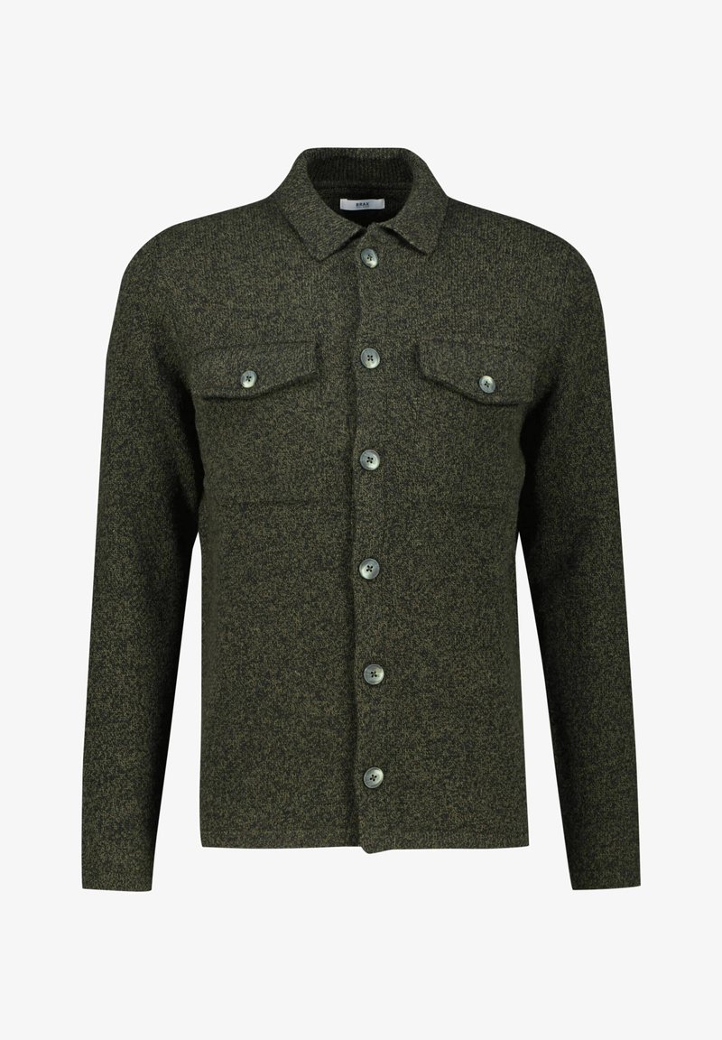 Grüne Wollmischung Hemdjacke mit langen Ärmeln, Knopfverschluss vorne, zwei Brusttaschen und kontrastierenden Knöpfen, mit einer strukturierten Oberfläche.