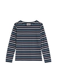 Hosszú ujjú, puha anyagból készült felső, tengerészkék és világoskék csíkokkal, lekerekített nyakkivágással és egyenes szabással.