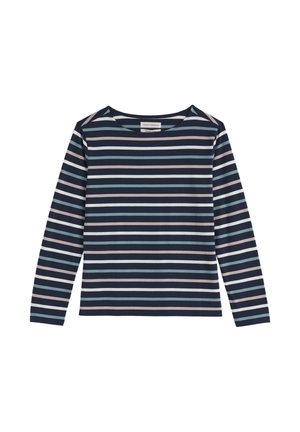 Langdurige mouwtop gemaakt van zachte stof, met marineblauwe en lichtblauwe strepen, een ronde halslijn en een rechte snit.
