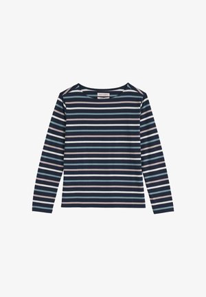 Dlhý rukáv top vyrobený z mäkkej tkaniny, s námornícky modrými a svetlomodrými pruhmi, s okrúhlym výstrihom a rovnými strihom.