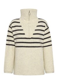 Maglione crema con colletto alto, caratterizzato da righe orizzontali marrone scuro, scollatura a V profonda e polsini a coste. Texture morbida.