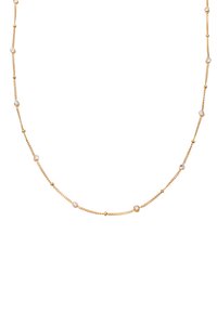 Guld kæd necklace med små runde metalperler og jævnt fordelte klare ædelsten, der skaber et delikat og intrikat design.
