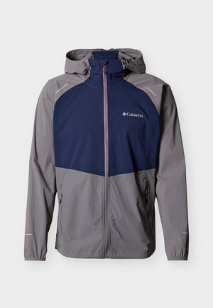 Zweifarbige Columbia-Jacke in Grau und Marineblau mit Kapuze, Frontreißverschluss und seitlichen Reißverschlusstaschen, für den Außeneinsatz entworfen.