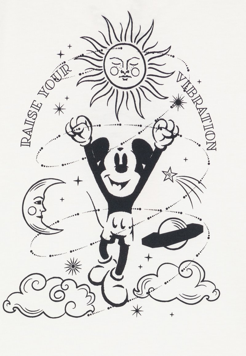 Illustration en noir et blanc d'un personnage de dessin animé avec les bras levés, entouré par un soleil, une lune, des planètes et le texte "ÉLÈVE TA VIBRATION."
