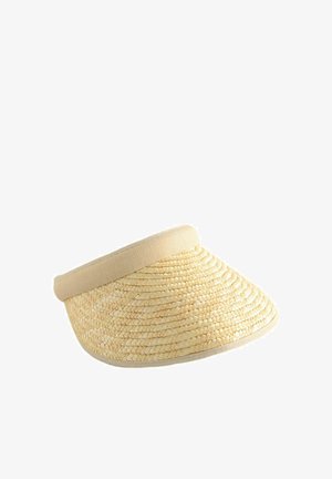 Licht beige strohoed met een brede rand, voorzien van een zacht stoffen band rond de kroon en een gestructureerd, geweven patroon over het hele oppervlak.