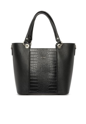 Sac à main en cuir noir avec un panneau central texturé à motif crocodile, deux poignées et des attaches anneaux métalliques argentés.