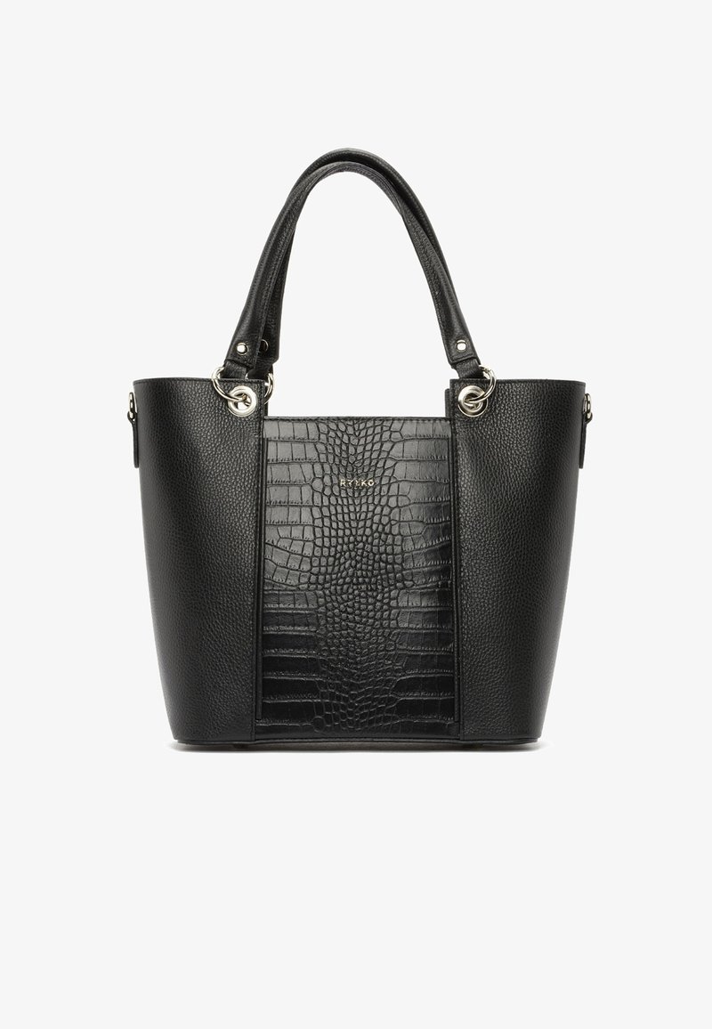 Sac à main en cuir noir avec un panneau central texturé à motif crocodile, deux poignées et des attaches anneaux métalliques argentés.