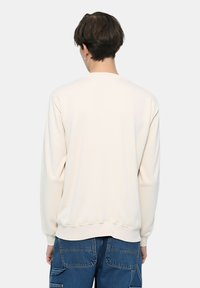 Felpa beige chiaro con scollo rotondo e maniche lunghe. Tessuto morbido con polsini e orlo a costine, vista posteriore.