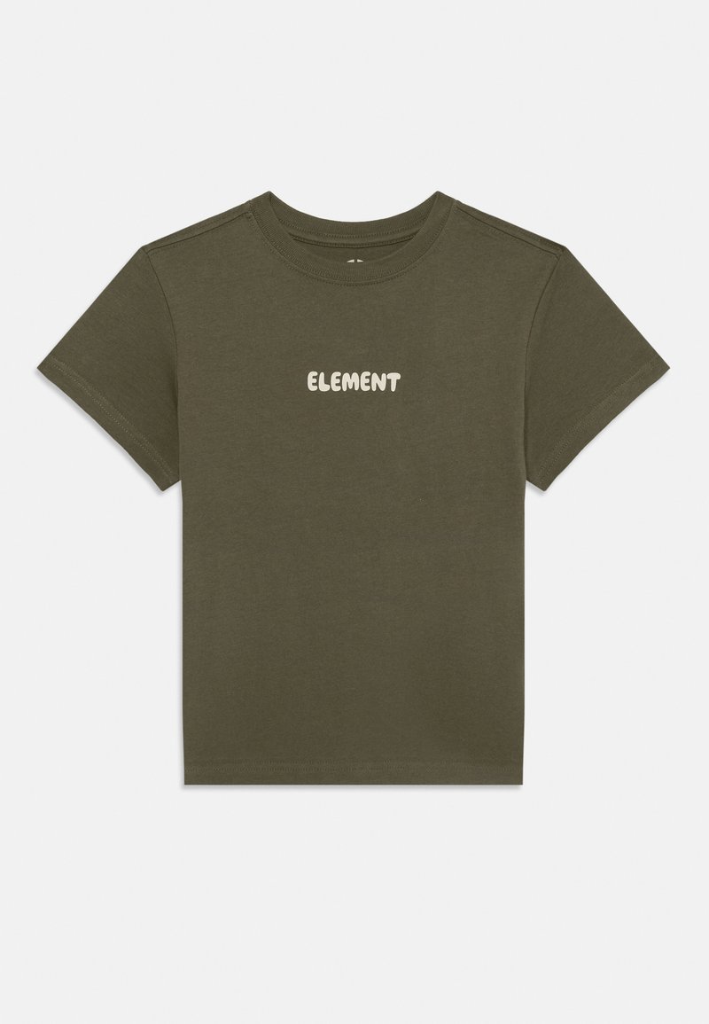Olivově zelené bavlněné tričko s krátkými rukávy, s kulatým výstřihem a nápisem "ELEMENT" v bledém, zaobleném písmu na hrudi.