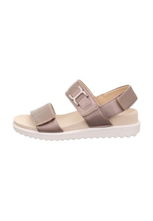 Brune metaliske sandaler med brede stropper, justerbar spænde og lysfarvet polstret sål med et bølget mønster.