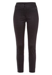 Pantaloni slim fit in tessuto grigio scuro teksturizzato, con due tasche frontali con zip e chiusura a bottoni in vita.