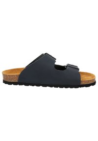Black sandal with two adjustable straps, cork footbed, and textured rubber sole. Open-toe design features a rounded cutout.