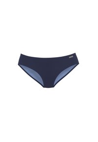 Tamsiai mėlynos bikini kelnaitės su kontrastinga šviesiai mėlyna vidine puse. Pagamintos iš lygaus audinio, turi vidutinio aukščio juosmenį ir vidutinį apdangą.