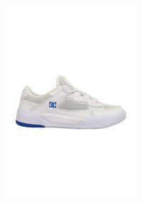 White athletic shoe with mesh panels, stitched details, blue accents, flat sole, and lace-up design. Features a prominent logo on the side.