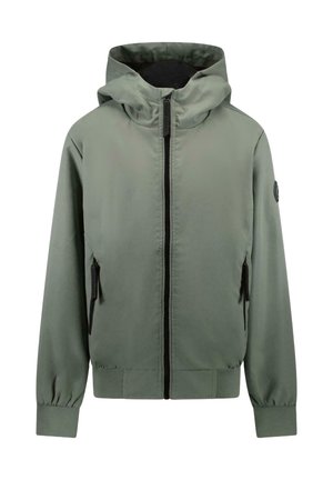 Groene lichtgewicht jas met capuchon, zwarte ritssluiting aan de voorkant, twee zijzakken en geribde manchetten. Soepele textuur, matte afwerking.