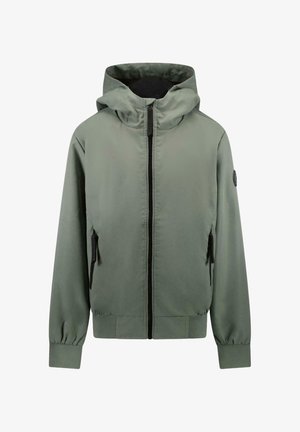 Groene lichtgewicht jas met capuchon, zwarte ritssluiting aan de voorkant, twee zijzakken en geribde manchetten. Soepele textuur, matte afwerking.