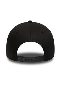 Black snapback cap with a structured crown, smooth fabric, and plastic adjustable strap featuring multiple holes for size adjustment.