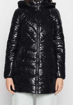 Black puffer jacket with a glossy finish, chevron stitching, zip front, and adjustable hood. Features side pockets and elastic cuffs.