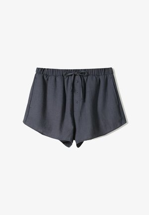 Tmavě šedé šortky vyrobené z lehkého materiálu, s elastickým pasem na šňůrku, předními knoflíky a bočními kapsami.
