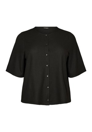 Schwarzer Kurzarm-Cardigan mit Rundhalsausschnitt und sieben Knöpfen vorne, aus strukturiertem Stoff, auf weißem Hintergrund abgebildet.