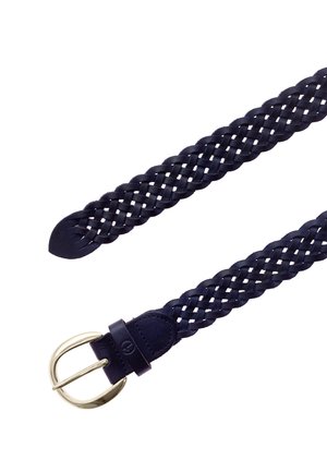 Braided dark blue leather belt with a rounded gold metal buckle and leather loop on a white background.