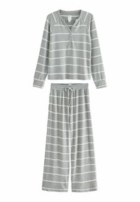 Set de pijama gri, format dintr-un tricou cu sleeves lungi, decorate cu dungi albe și detalii cu nasturi, asortat cu pantaloni largi și talie elastică.