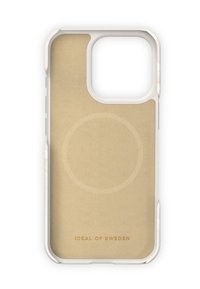 Telefoonhoesje met een transparante rand, beige interieur, ronde oplaadzone voor draadloos opladen en reliëftekst "IDEAL OF SWEDEN" aan de onderkant.