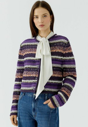 Vrouw draagt een meerkleurig paars gestreept gebreid vest over een witte blouse met een grote strik, gecombineerd met blauwe jeans.