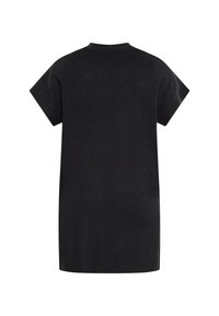 Tricou negru oversized cu gât rotund și mâneci scurte. Fabricat dintr-un material moale, cu o textură netedă și un design minimalist.