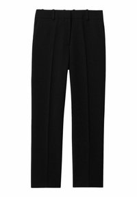 Schwarze maßgeschneiderte Hose mit geradem Bein, ausgestattet mit einer glatten Textur, einer gefalteten Front und Gürtelschlaufen für eine verstellbare Passform.
