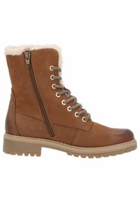 Botas de tobillo de cuero marrón con un forro blanco esponjoso, que cuentan con una cremallera lateral, cordones y una suela de goma texturizada para mayor tracción.
