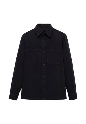 Black button-up shirt with long sleeves, two chest pockets, and a classic collar. Made from a smooth fabric, featuring a straight hem.