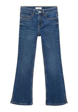 Jeans de mezclilla azul con bolsillos delanteros, trabillas para cinturón, cierre de botón y un ligero vuelo en el dobladillo con pequeñas aberturas laterales.