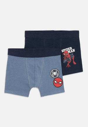 Two pairs of boys' boxer briefs, one blue with Spider-Man face and spider logos, one navy with Spider-Man crouching and text "SPIDER MAN".