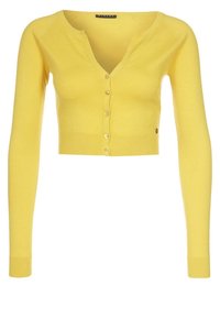 Gul kortärmad cardigan med långa ärmar, knäppning framtill och ribbad textur. Har en djup V-ringning och en liten logotypdetalj.