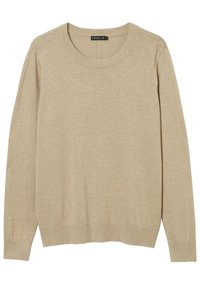 Beige Strickpullover mit Rundhalsausschnitt und langen Ärmeln. Verfügt über gerippte Bündchen und Saum, hergestellt aus einem weichen, leichten Material.
