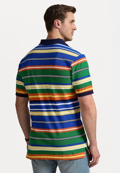 Striped polo shirt featuring horizontal bands in blue, green, orange, yellow, and white; short sleeves, collar, and side slits.