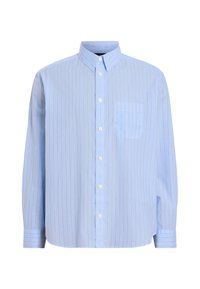 Lichtblauw button-up shirt van katoen. Kenmerkt verticale strepen in een donkerdere tint, een puntige kraag en een enkele borstzak aan de linkerkant.