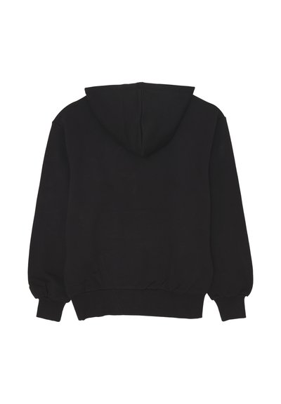 Felpa nera con cappuccio, maniche lunghe, polsini e vita a costine, mostrata da dietro su uno sfondo bianco.