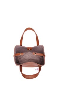 Tan faux leather handbag with short handles, polka dot interior lining, magnetic snap closure, and two inner pockets. Smooth texture.